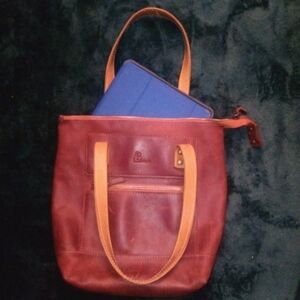 Babak Two Toned Square Leather Tote, Reddish Brown & Tan